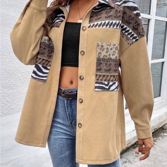 Boho Blouse Oversized Button Down Neutral Animal Print Shacket Jacket - Picture 5 of 5